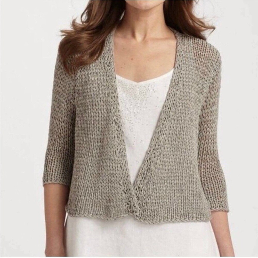 Eileen Fisher Gray Open Knit Short Crop Drape Cardigan Size S Coastal Luxury